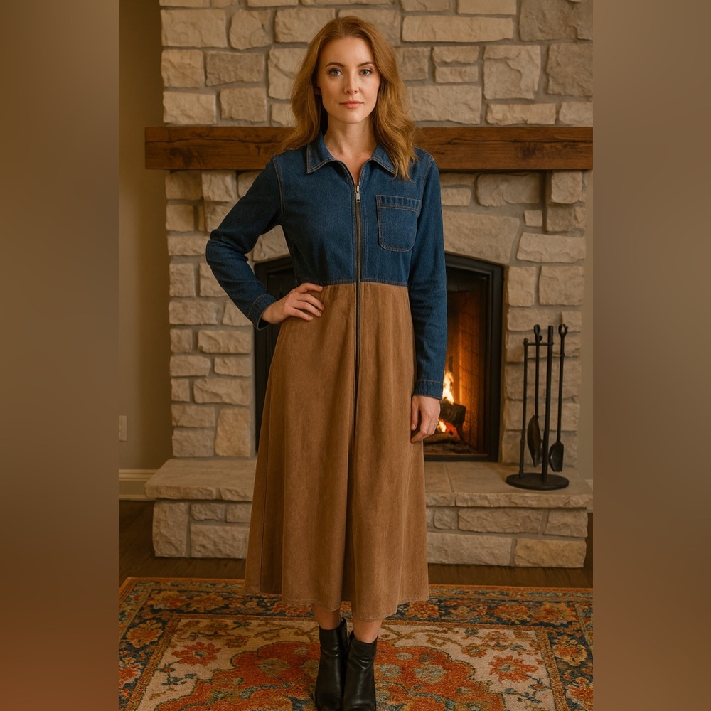 VTG Studio Wear Jean Jumper‎ Women’s Denim Maxi Dress Small S Corduroy Cowgirl